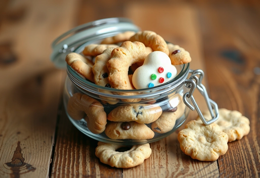 Ein Glas mit verschiedenen Keksen auf einem Tisch, symbolisiert digitale Cookies.