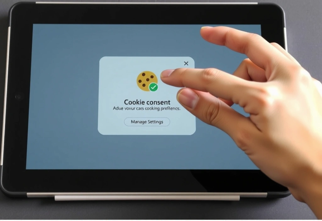 Eine Hand, die auf einem Tablet-Bildschirm auf ein Cookie-Symbol tippt, um Einstellungen zu ändern.