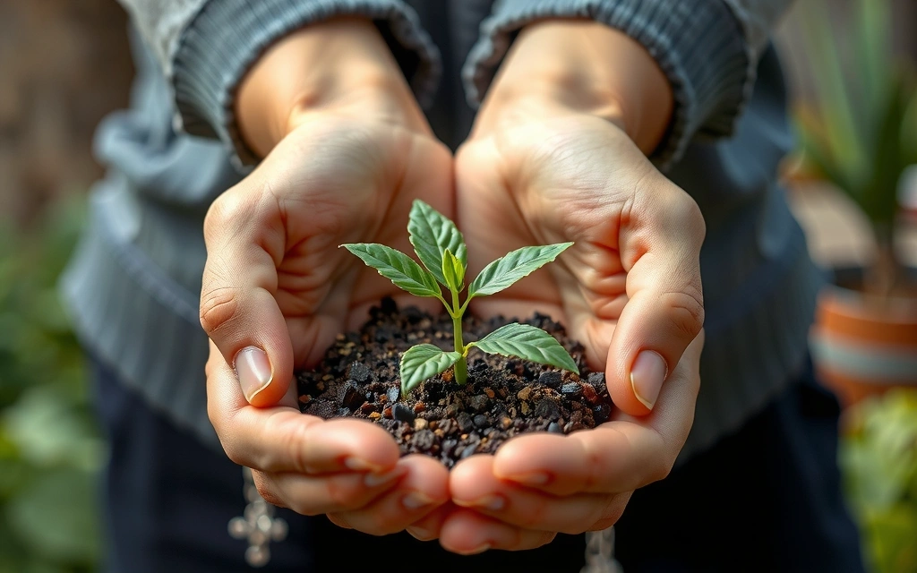 Helfende Hände, die eine Pflanze halten