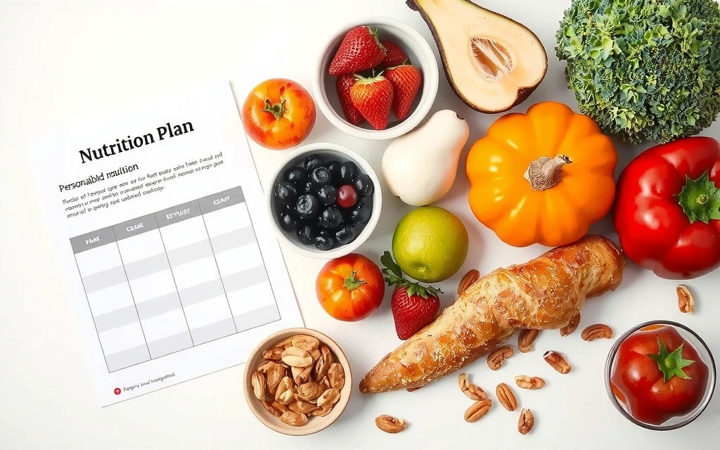 Tisch mit gesundem Essen und Ernährungsplan