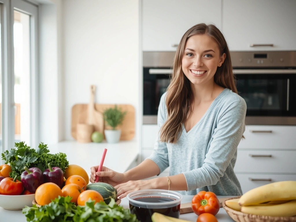 Eine lächelnde Frau, die frisches Obst und Gemüse in einer modernen Küche zubereitet, symbolisiert gesunde Ernährung und Wohlbefinden.