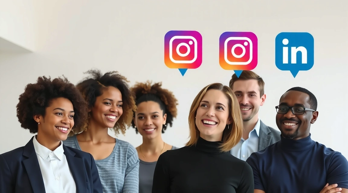 Gruppe von Menschen, die sich auf Social Media verbinden, mit stilisierten Icons von Facebook, Instagram und LinkedIn, die über Köpfen schweben.