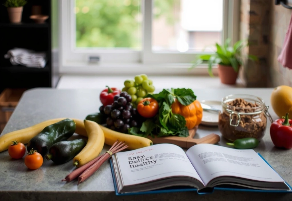Eine Küchenszene mit gesunden Zutaten und einem Kochbuch, symbolisierend einfache, gesunde Rezepte