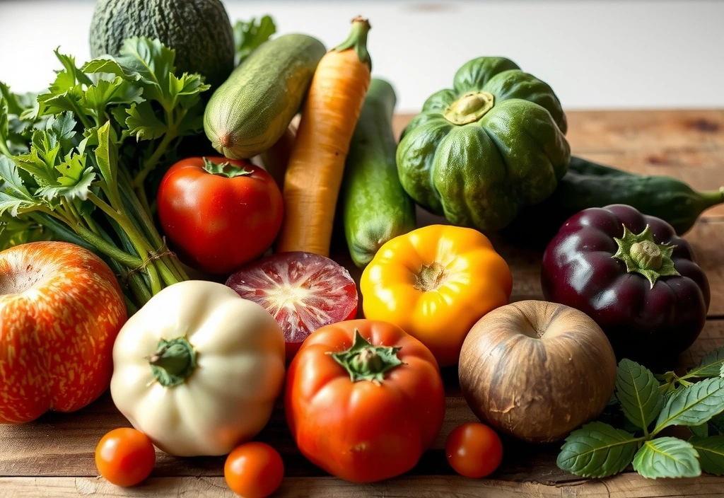 Frisches Gemüse und Obst auf einem Holztisch, symbolisierend gesunde Ernährung