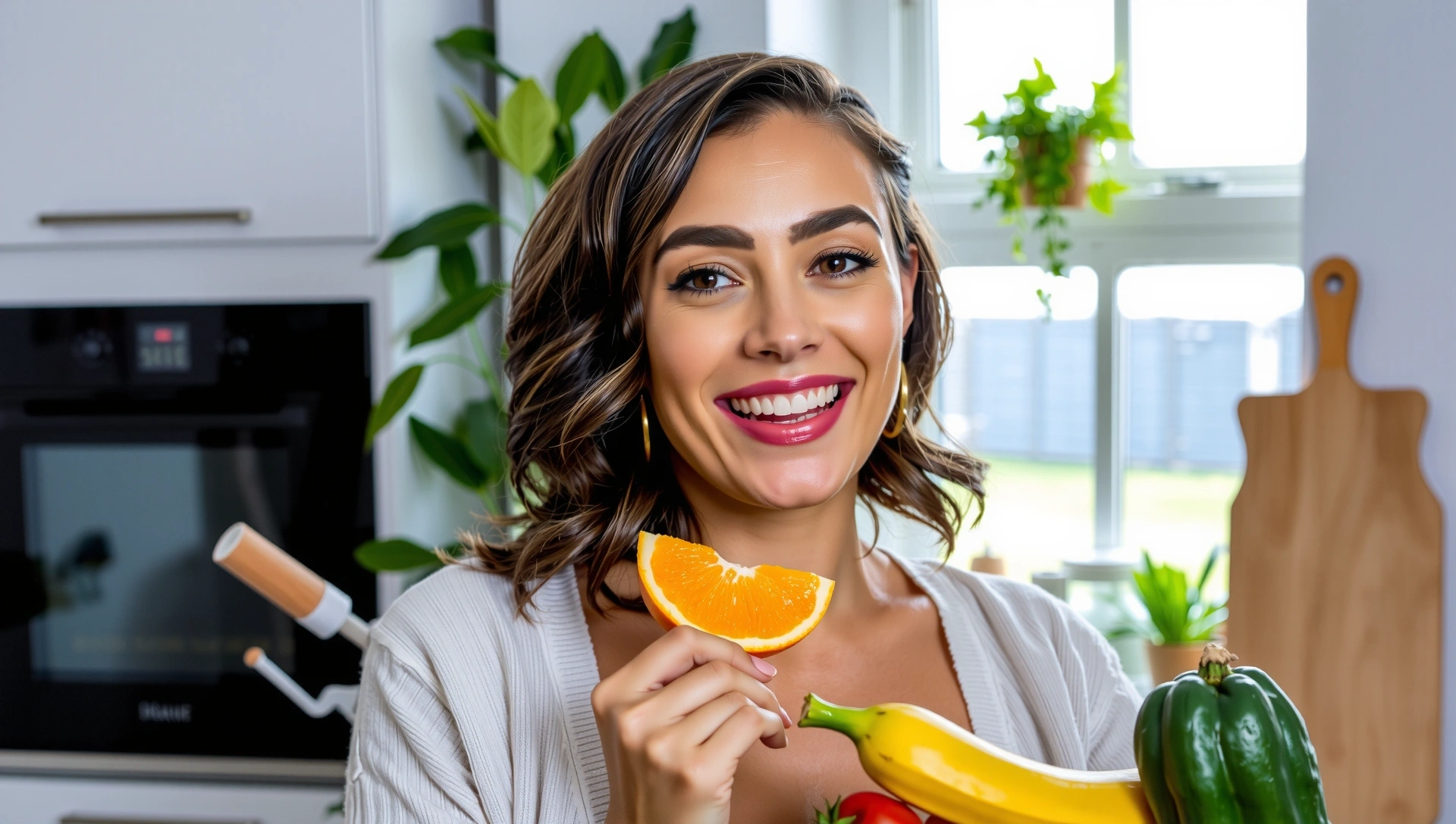 Hintergrundbild einer gesunden, strahlenden Frau, die frisches Obst und Gemüse genießt, in einem hellen, natürlichen Licht