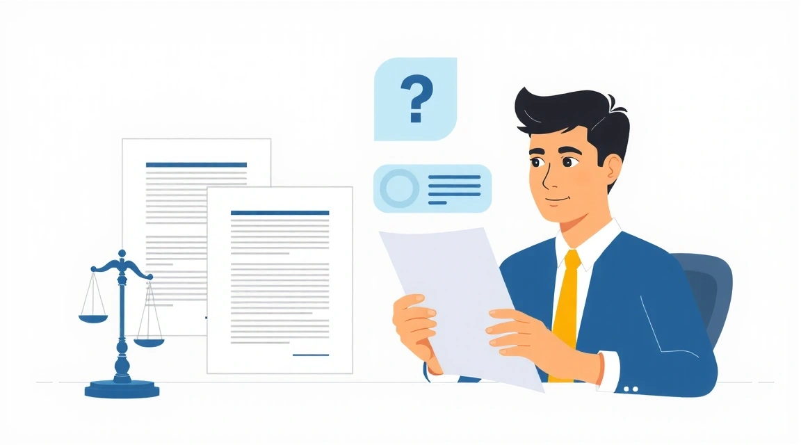 Illustration von rechtlichen Dokumenten und einer Person, die sie prüft, symbolisiert die Allgemeinen Geschäftsbedingungen